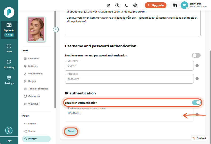 IP authentication enabled with an example IP address entered and the Save button highlighted