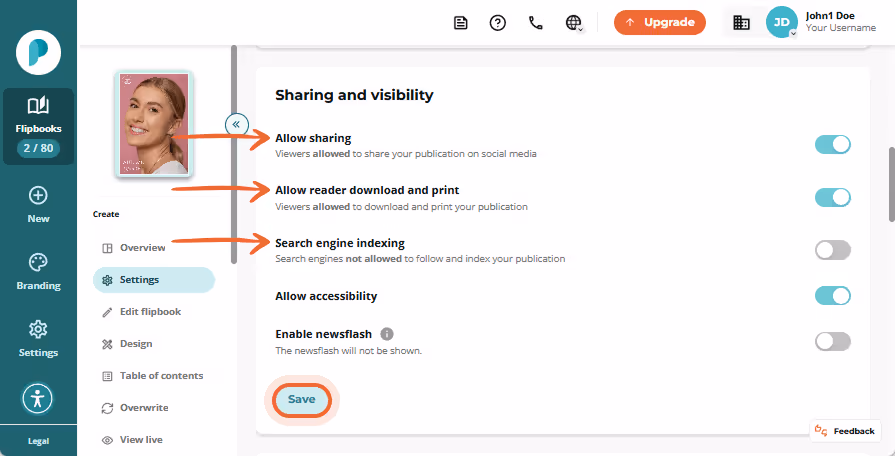 Sharing settings with toggles enabled for sharing, download/print, and search engine indexing