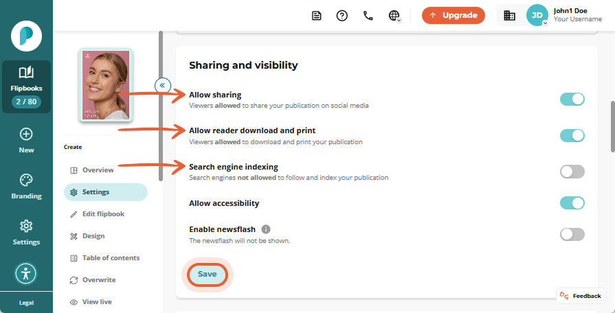 Sharing settings with toggles enabled for sharing, download/print, and search engine indexing