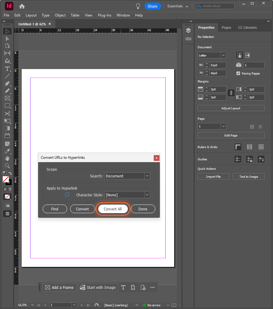 InDesign Convert URLs to Hyperlinks window open, Convert All button outlined.