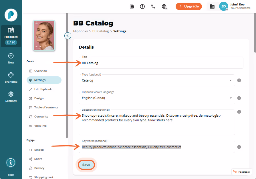 Settings panel showing the title “BB Catalog”, a description about skincare products, and keywords l Settings panel showing the title “BB Catalog”, a description about skincare products, and keywords l