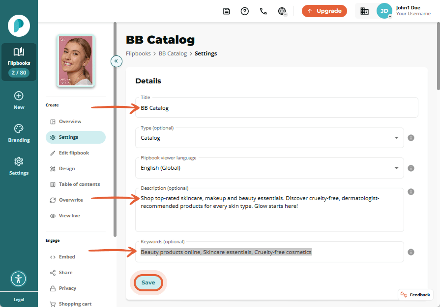 Settings panel showing the title “BB Catalog”, a description about skincare products, and keywords l