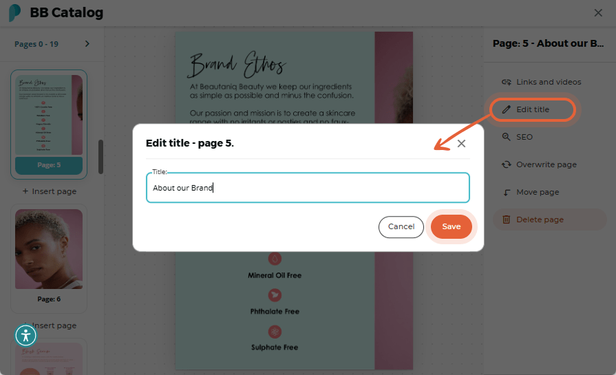 Page options for SEO with Description, Keywords, and Text fields displayed.