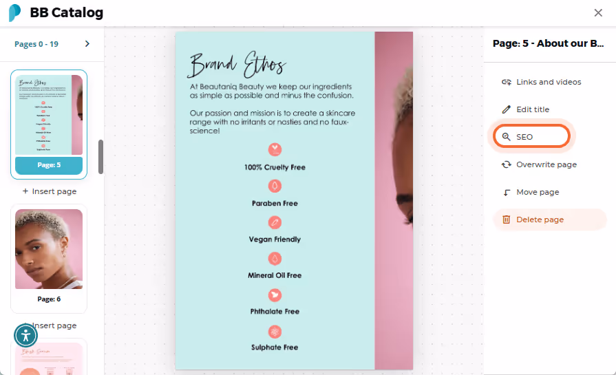 Section showing the “Brand Ethos” with icons for various product attributes like cruelty-free and ve Section showing the “Brand Ethos” with icons for various product attributes like cruelty-free and ve