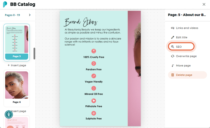 Section showing the “Brand Ethos” with icons for various product attributes like cruelty-free and ve