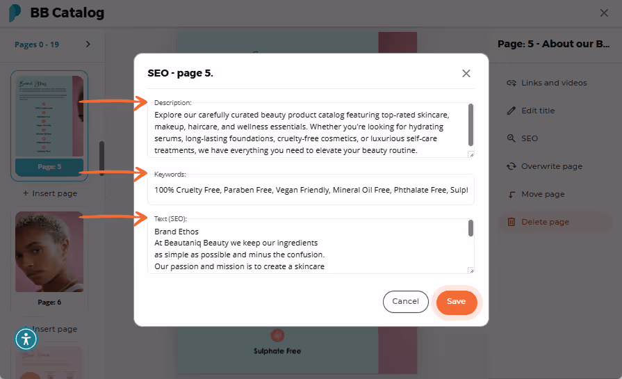 Zoomed-in SEO popup showing long description and list of keywords for the flipbook. Zoomed-in SEO popup showing long description and list of keywords for the flipbook.