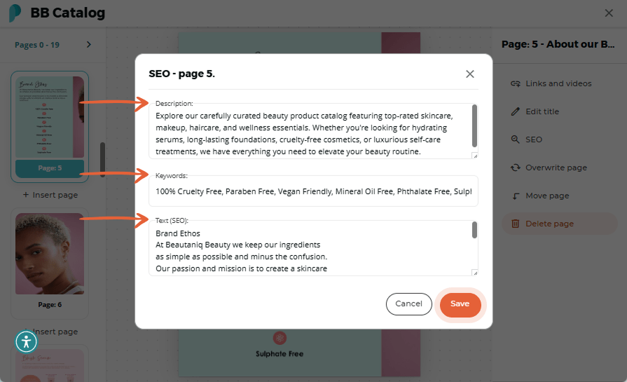 Zoomed-in SEO popup showing long description and list of keywords for the flipbook.