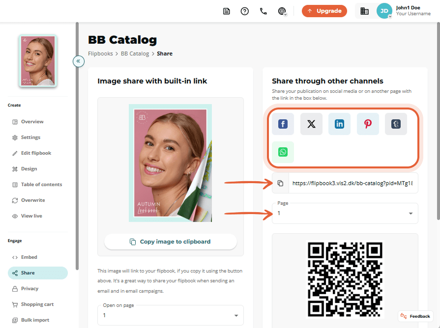 BB Catalog sharing options with social media buttons, share link, and QR code.