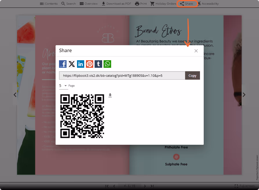 Share modal in flipbook viewer with social media buttons, link, and QR code.
