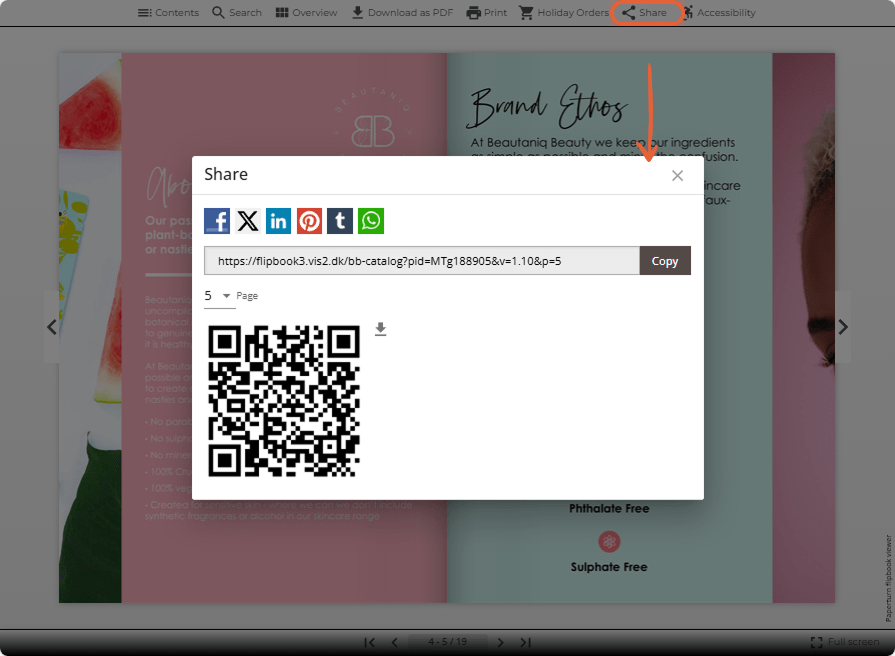 Share modal in flipbook viewer with social media buttons, link, and QR code.