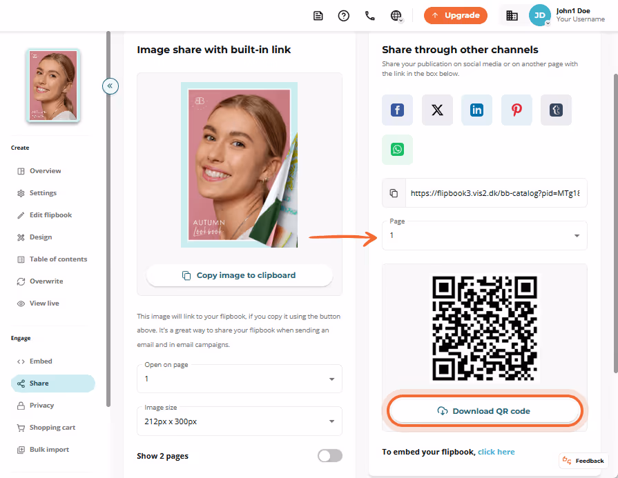 Flipbook sharing interface with QR code download button and page selection.