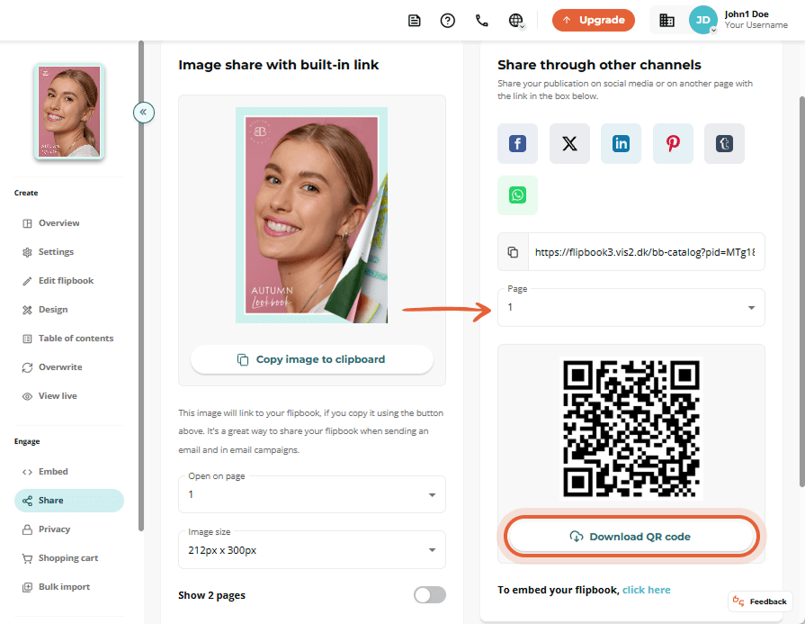 Flipbook sharing interface with QR code download button and page selection.