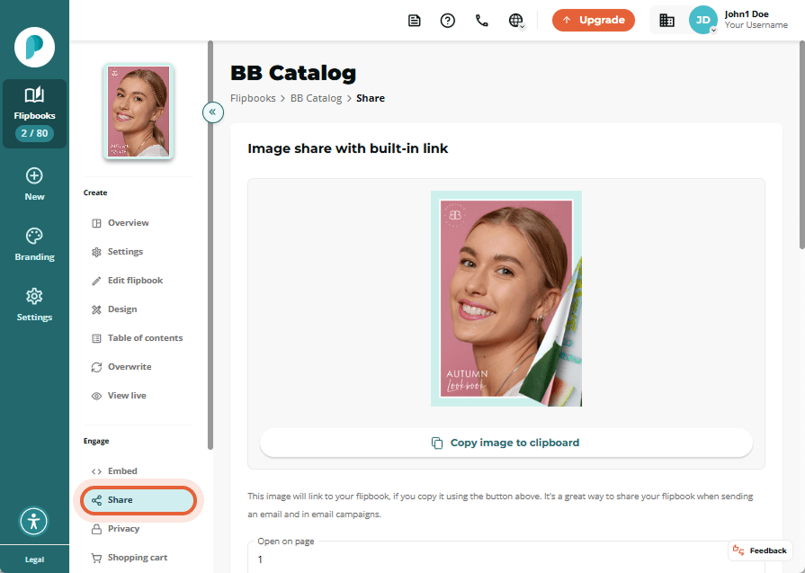 Image sharing interface showing BB Catalog cover and social sharing buttons