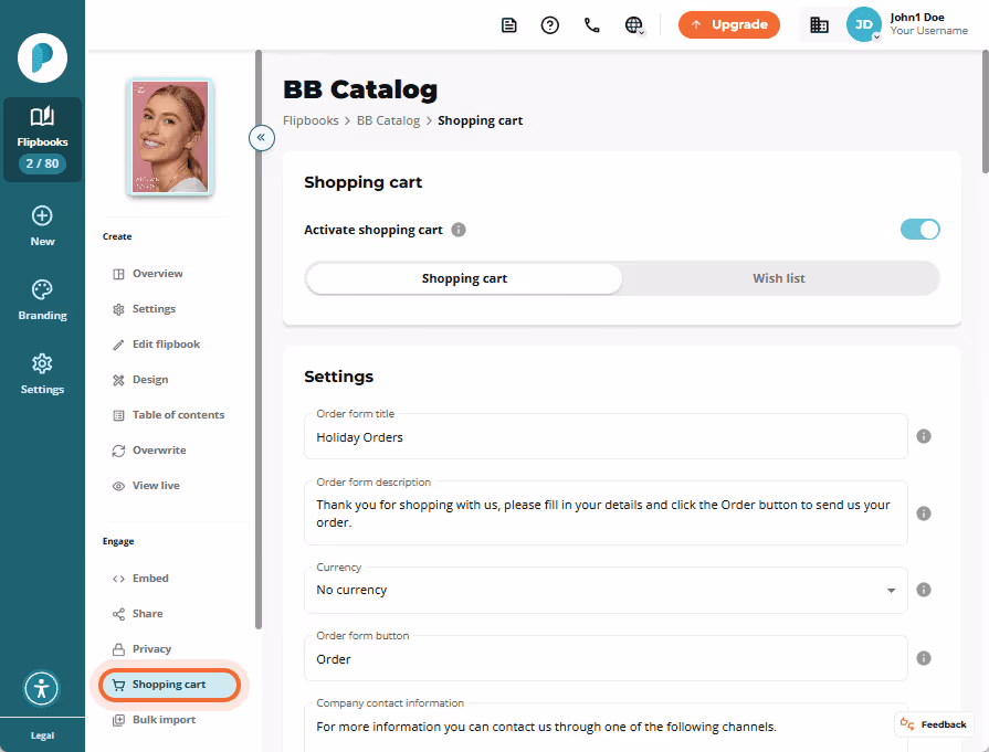 Shopping cart settings screen with order form fields like title, description, and contact info.