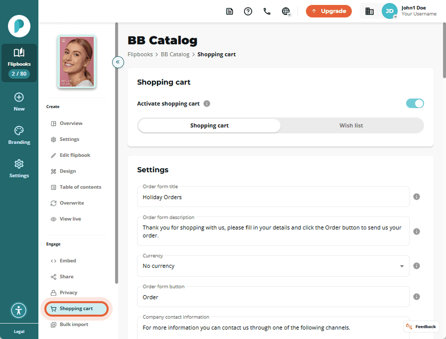 Shopping cart settings screen with order form fields like title, description, and contact info.