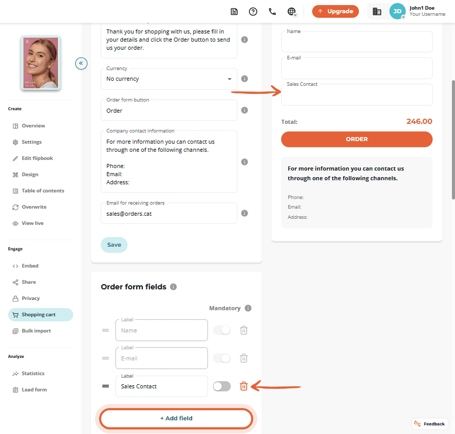 Order form with editable fields and a highlighted 