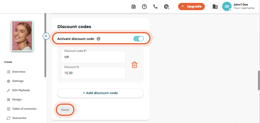 Discount codes interface with the 