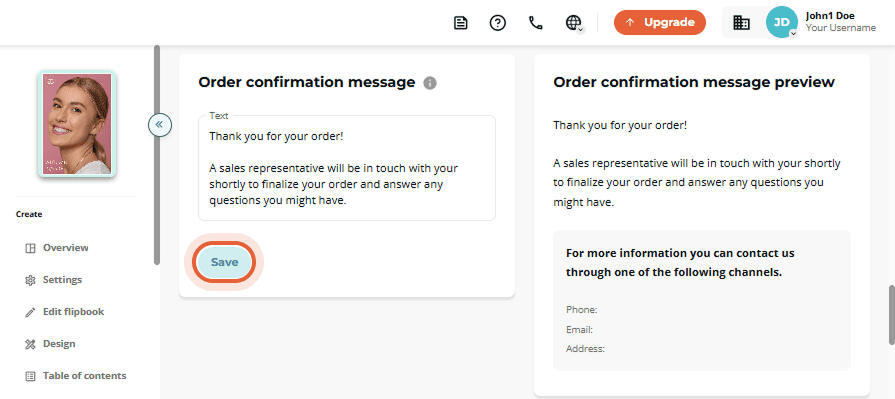 Order confirmation message field and preview panel showing thank-you text.