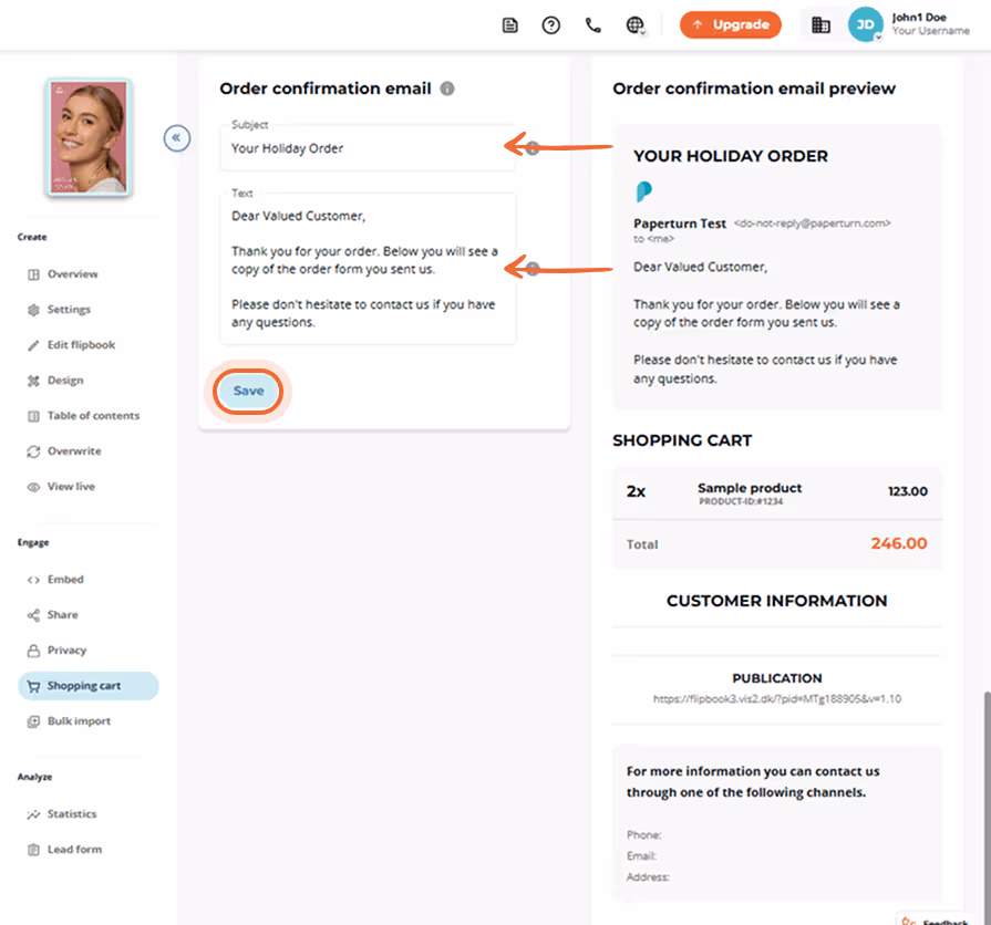 Order confirmation email editor with subject and text fields and preview on the right.