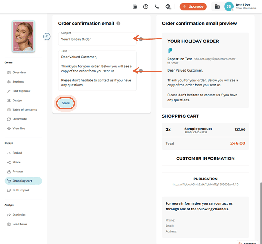 Order confirmation email editor with subject and text fields and preview on the right.