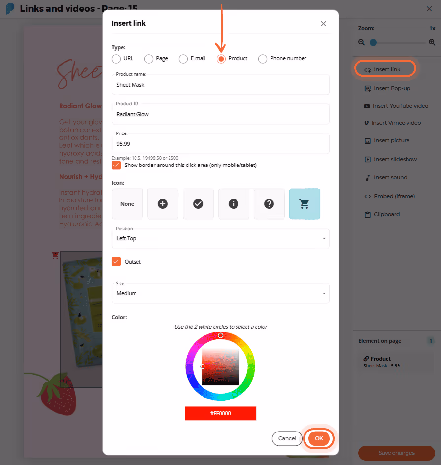 Pop-up for inserting product link with fields for name, ID, and icon selection.