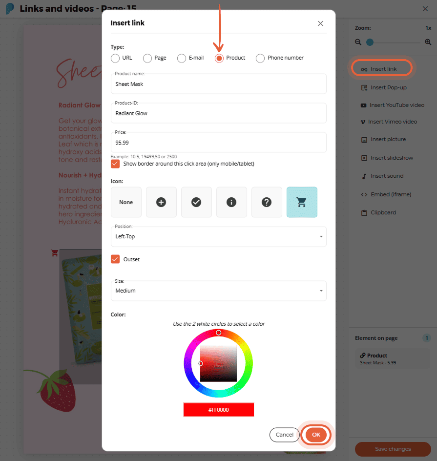 Pop-up for inserting product link with fields for name, ID, and icon selection.