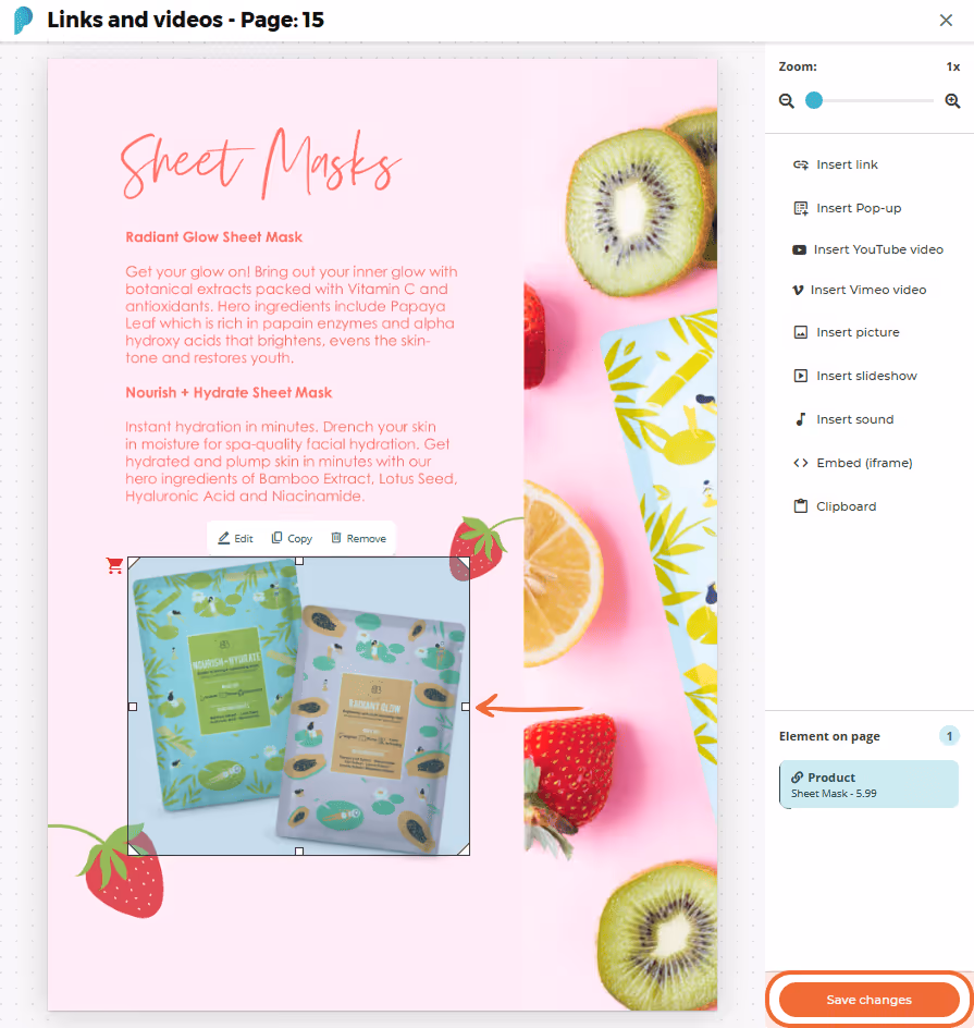 Editor screen with product link added and image of sheet masks selected.