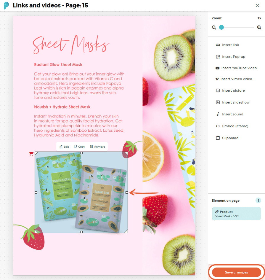 Editor screen with product link added and image of sheet masks selected.