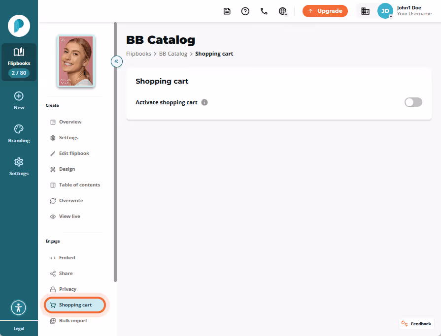 Shopping cart section showing toggle for activation and two tab options: cart and wish list.