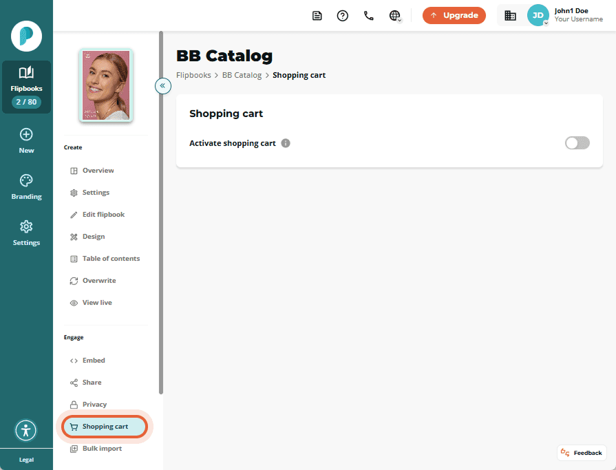 Shopping cart section showing toggle for activation and two tab options: cart and wish list.