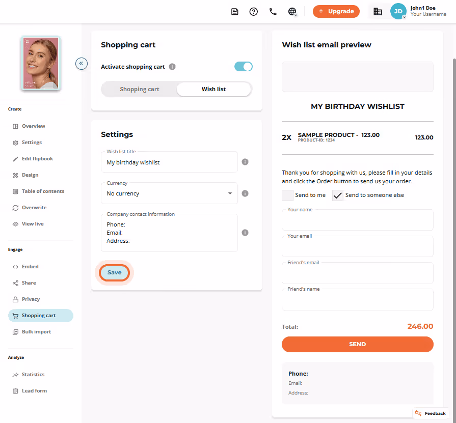 Wish list screen with title field, currency, and contact info for company.