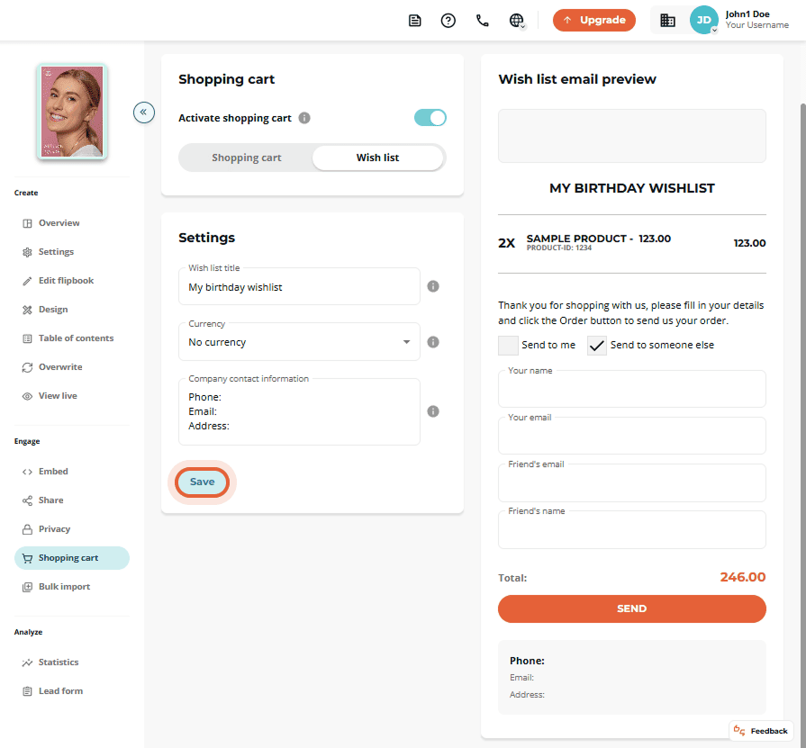 Wish list screen with title field, currency, and contact info for company.