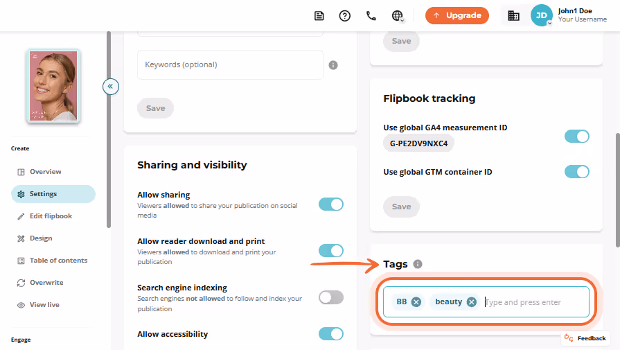 Sharing and visibility settings expanded, showing Newsflash toggle enabled with various customizatio