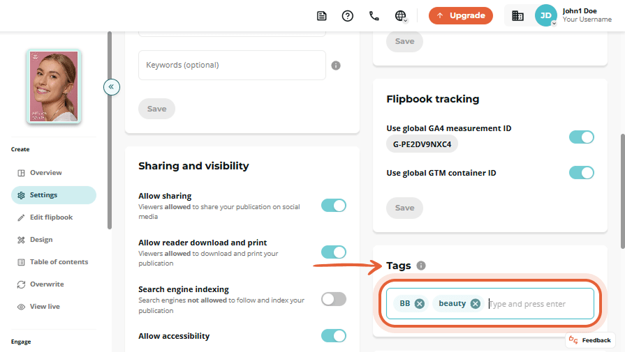 Sharing and visibility settings expanded, showing Newsflash toggle enabled with various customizatio