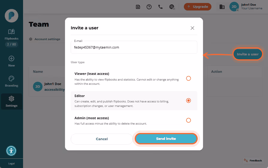 Invite a user window with email input, role selection (Editor selected), and send invite button.