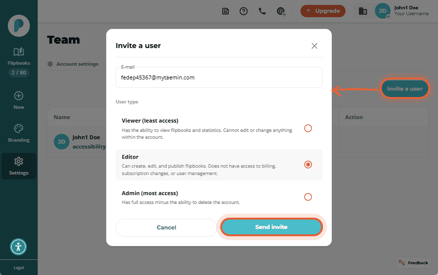 Invite a user window with email input, role selection (Editor selected), and send invite button.