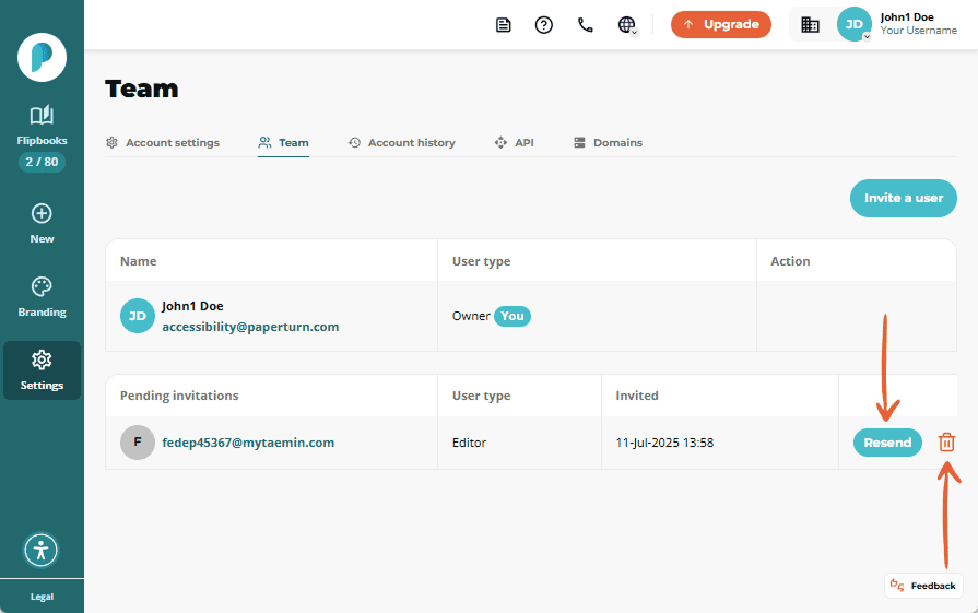Pending invitation to a new team member, with options to resend or delete.