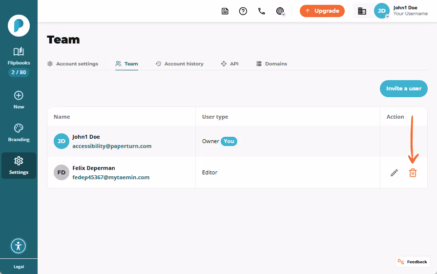 Team list showing invited user now accepted as an Editor, with options to edit or delete.