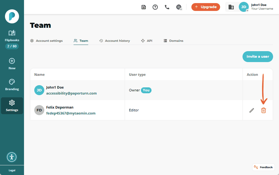 Team list showing invited user now accepted as an Editor, with options to edit or delete.