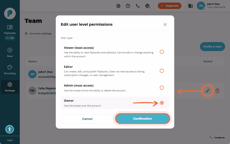 Edit user permissions modal, with 