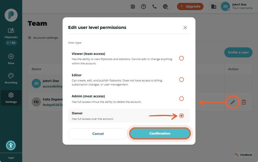 Edit user permissions modal, with 