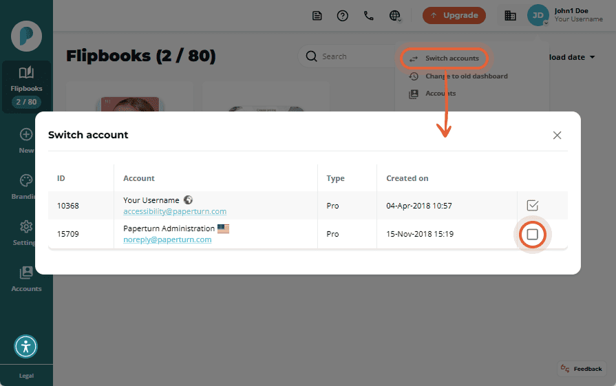 Switch account dialog showing multiple accounts with selection checkbox.