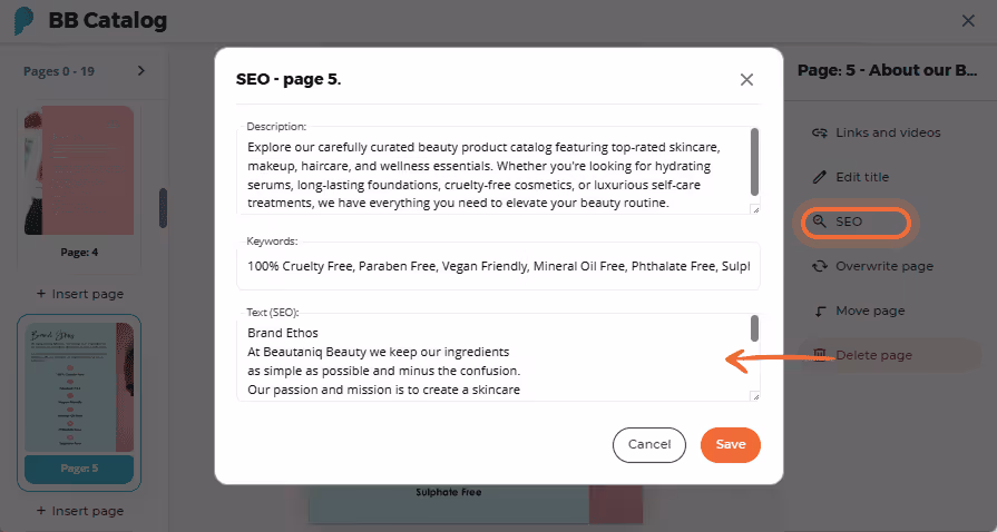 SEO panel showing description, keywords, and SEO text fields for page 5 in a BB Catalog flipbook SEO panel showing description, keywords, and SEO text fields for page 5 in a BB Catalog flipbook