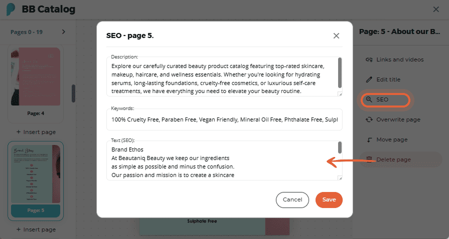 SEO panel showing description, keywords, and SEO text fields for page 5 in a BB Catalog flipbook