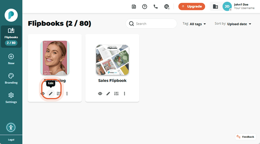 Flipbook dashboard showing BB Catalog and Sales Flipbook with 