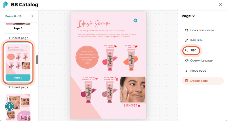 SEO panel open for page 7 of BB Catalog flipbook, showing text content and page preview