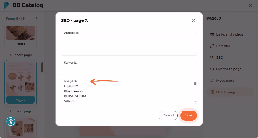 SEO input fields with keywords and SEO text shown for page 7 of the BB Catalog flipbook SEO input fields with keywords and SEO text shown for page 7 of the BB Catalog flipbook