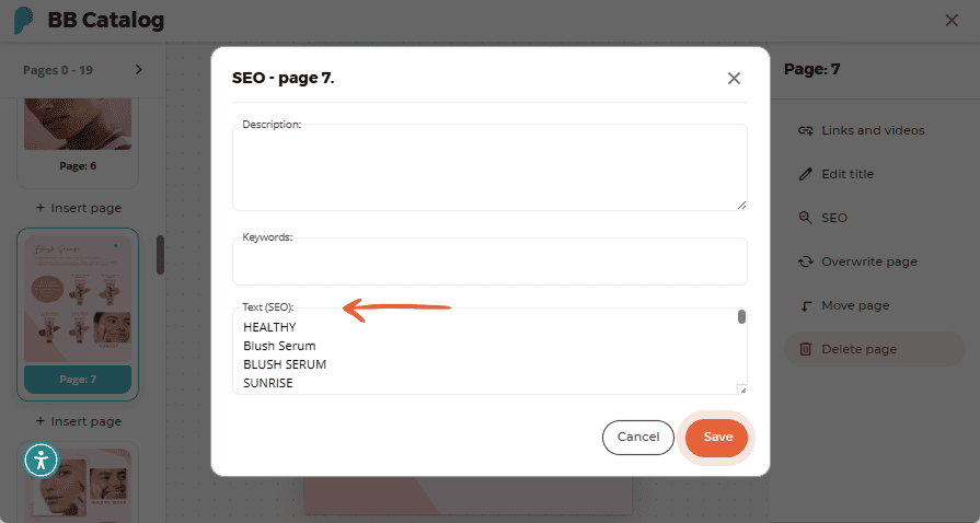 SEO input fields with keywords and SEO text shown for page 7 of the BB Catalog flipbook