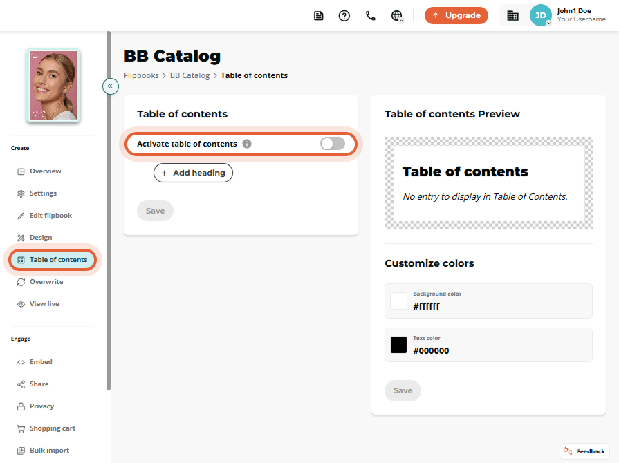 Flipbook interface showing manually added page titles and headings in the table of contents.