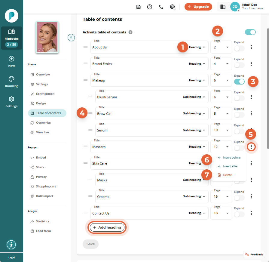 Flipbook interface showing expanded nested subheadings under headings in the table of contents.